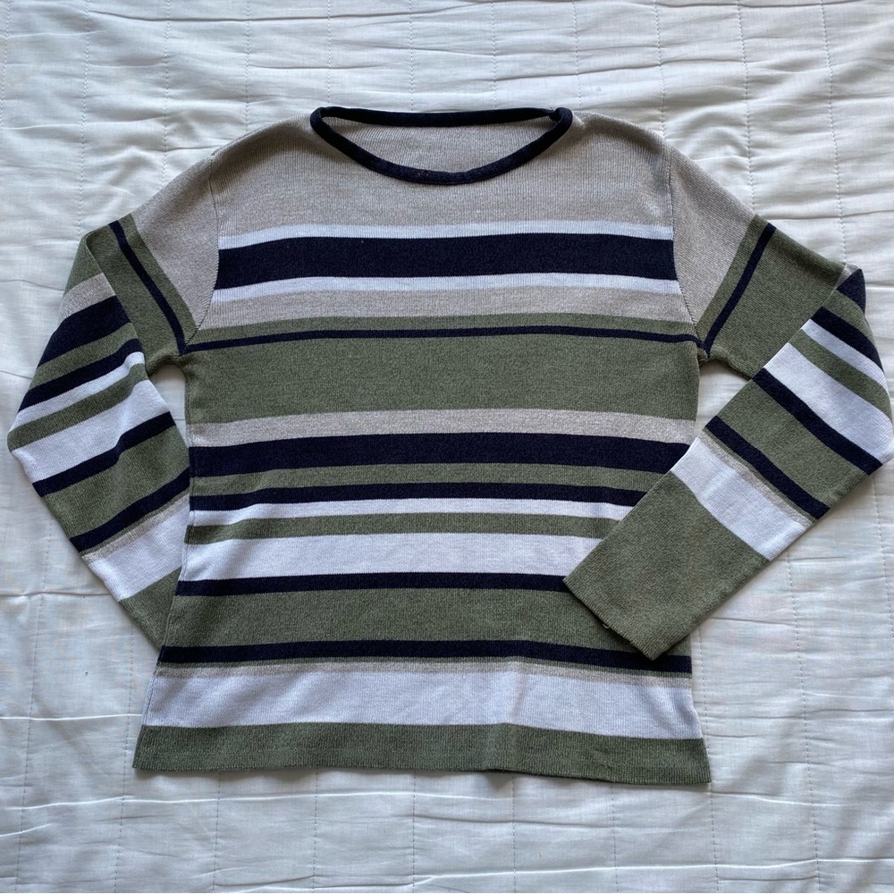 Striped Long-Sleeve Crewneck Top in Olive, Black & White